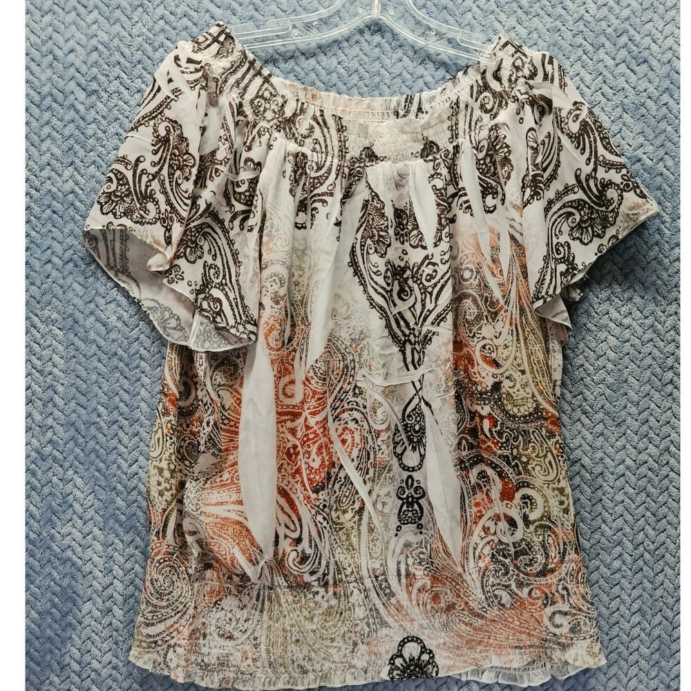 Cato Womens XL Paisley Off The Shoulder Smocked Blouse White Brown Short Sleeve